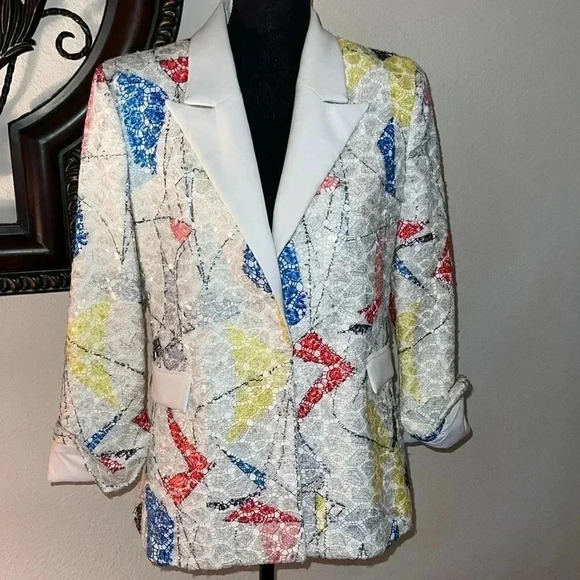 L'MOMO Women’s Abstract Sequin Lace Blazer with White Lapel Size 8 NWT - Picture 11 of 16